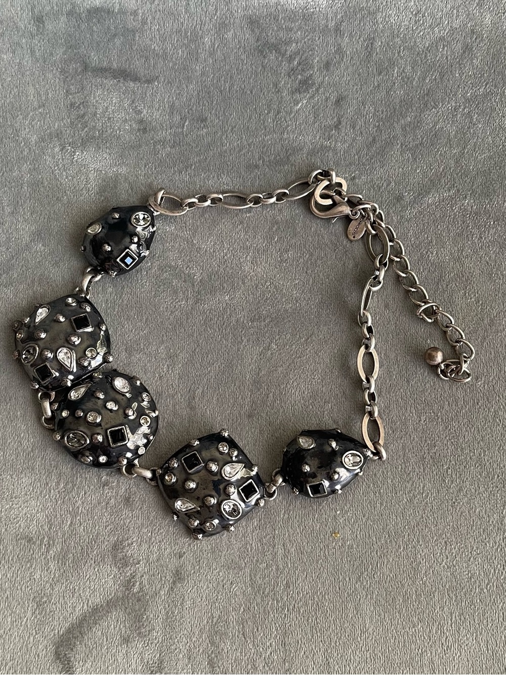 Chico’s Black Gunmetal Enamel Crystal Station Statement Necklace